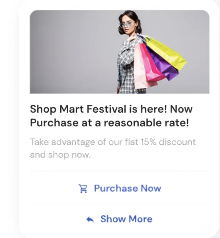 RCS rich card with product image and tappable Purchase Now and Show More actions