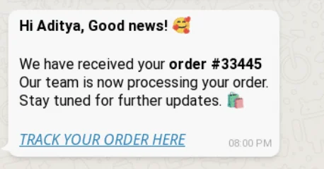 WhatsApp order confirmation with a track-your-order link