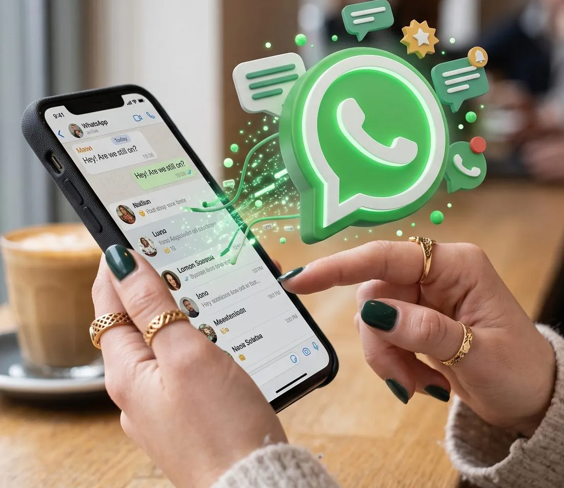 A customer reading a WhatsApp message on their phone, with notifications radiating out